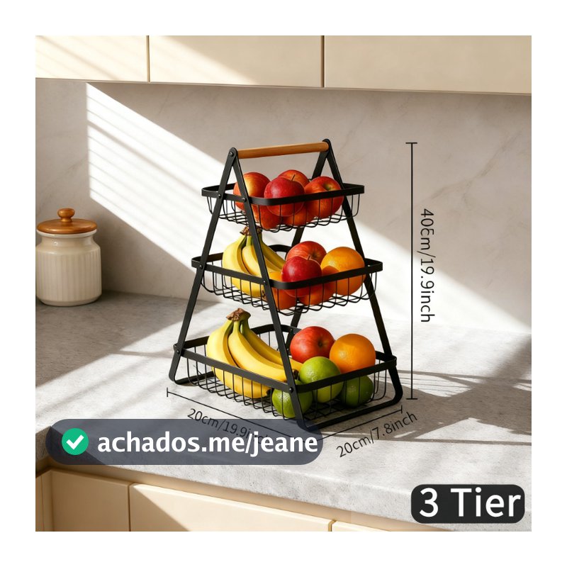 Fruteira de Mesa Cesto Organizador Multiuso Metal Aramado 3 Andares para Cozinha Casa Frutas Legumes