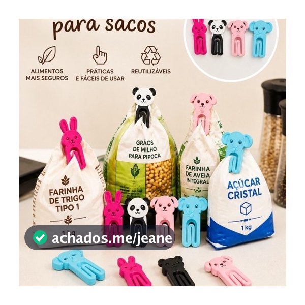Presilha Retentora para Sacos Alimentares Reutilizável Formato Bichos Prática