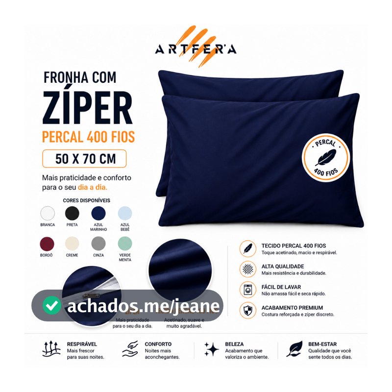 Kit 10 Fronhas Com Ziper Percal Flex 400 Fios 50cm x 70cm Toque Acetinado Extra Macio