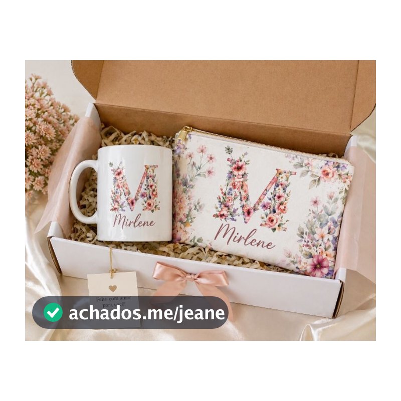 Kit Floral Personalizado com Nome –Caneca + Necessaire Feminina com Inicial + Nome | Presente Delicado