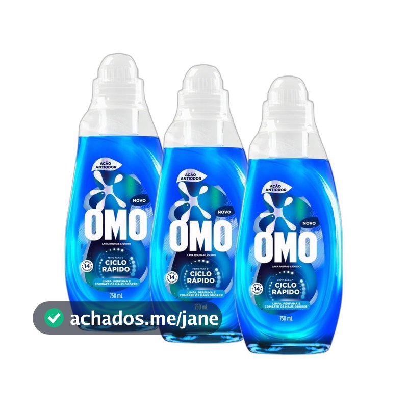 Kit 3 Lava-Roupas Líquido Omo Ciclo Rápido Ação Antiodor Frasco 750ml cada