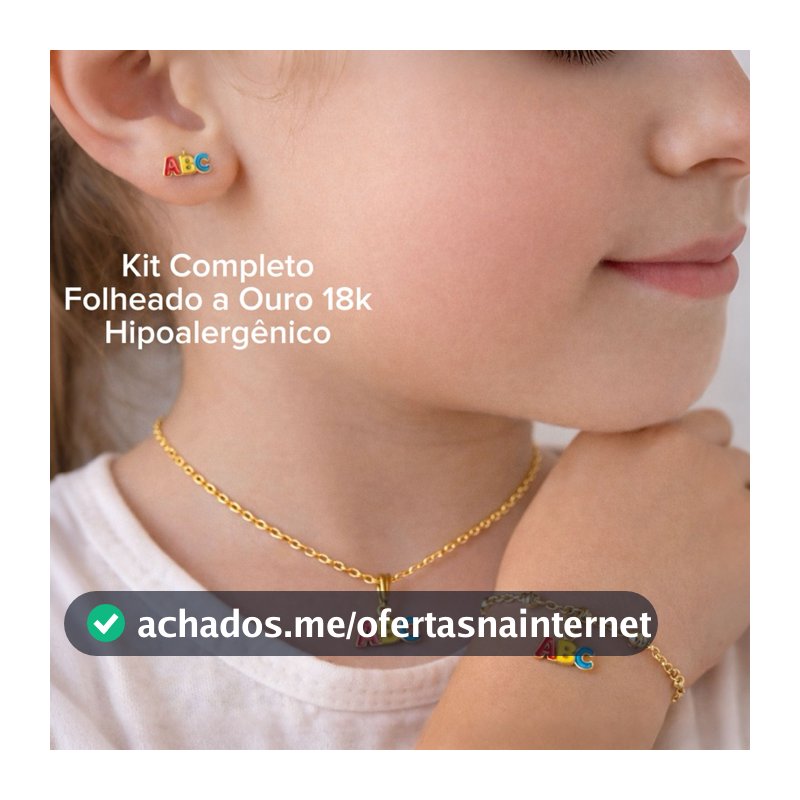 Kit Completo Infantil ABC Folheado a Ouro 18K – Colar, Brinco e Pulseira