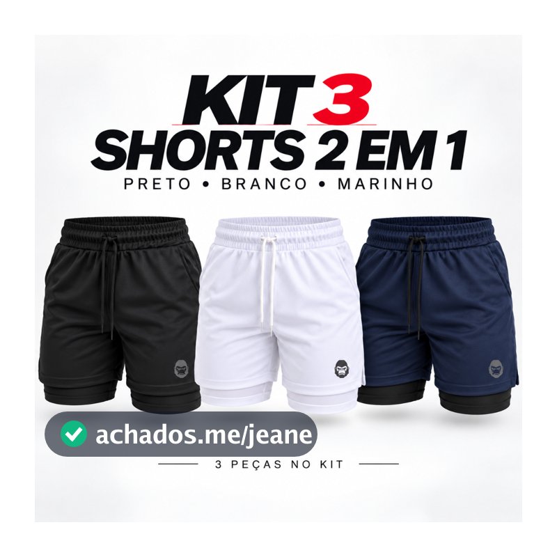 Kit 3 Shorts Masculino Kong 2 em 1 Compressão Academia Corrida Fitness com Bolso