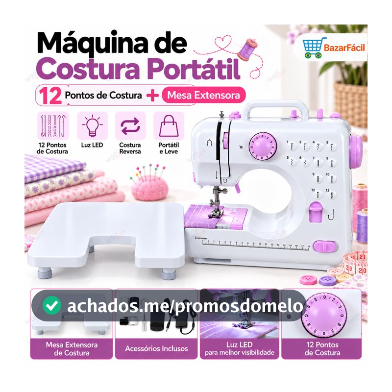 Máquina De Costura Compacta Com Mesa Extensora 12 Pontos Bivolt 110V 240V Para Reparos E Trabalhos Manuais