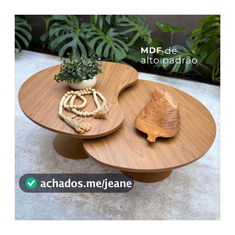 Kit 2 Mesas de Centro Orgânica Moderna Sala de Estar Sobrepostas MDF Estrutura Metal Dourado Decorativa