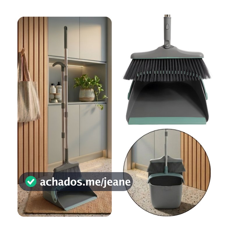 Kit Vassoura e Pá Ajustável 2in1 Com Limpa Cerdas Suporte Parede Compacto Ambientes Pequenos