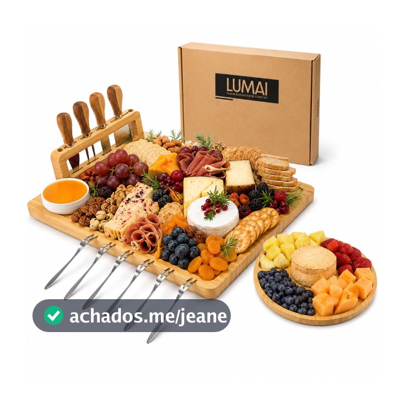 Lumai Kit Tábua Queijos Frios Petisqueira Bambu Facas Garfos Potes Cerâmica Servir Churrasco