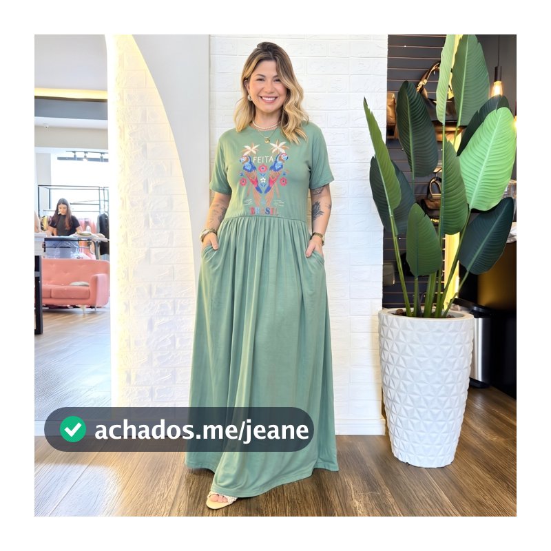 Vestido Longo Plus Size de Algodão com Mangas Amplas e Confortáveis - Elástico na Cintura e Bolsos