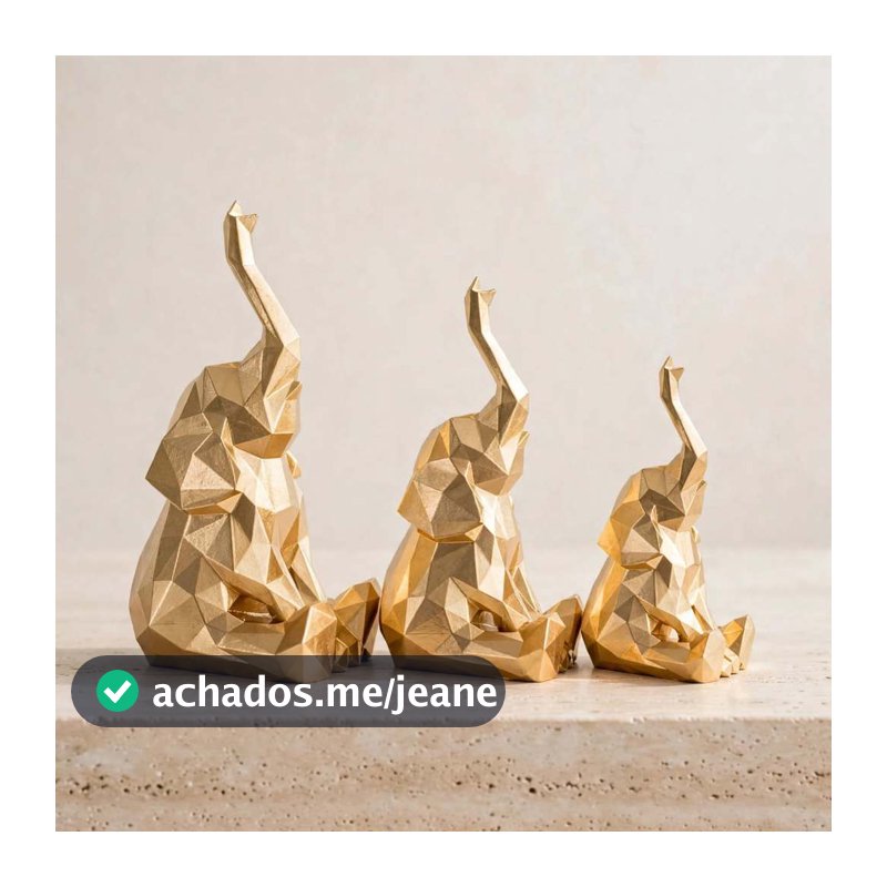 Kit 3 Elefantes da Sorte Dourados Geométricos Decorativos Enfeite Sala Rack Estante Presente Natal