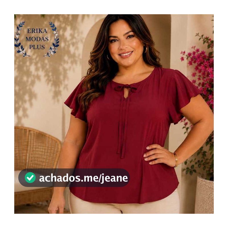 Blusa Feminina Plus Size em Viscolinho – Decote com Laço e Manga Curta (GG a G3)