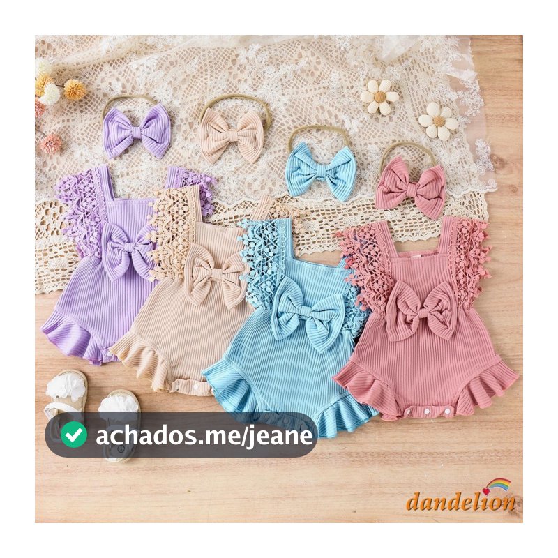 Macacão faixa de cabeça Meninas bebê,Baby Girls Romper Verão Manga De Renda Pescoço Redondo Rufle, Roupas recém-nascido