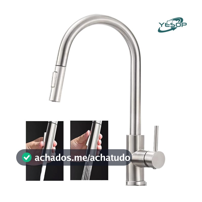 YESOP Torneira Cozinha Bancada Gourmet Extensível Monocomando Misturador Inox Escovada