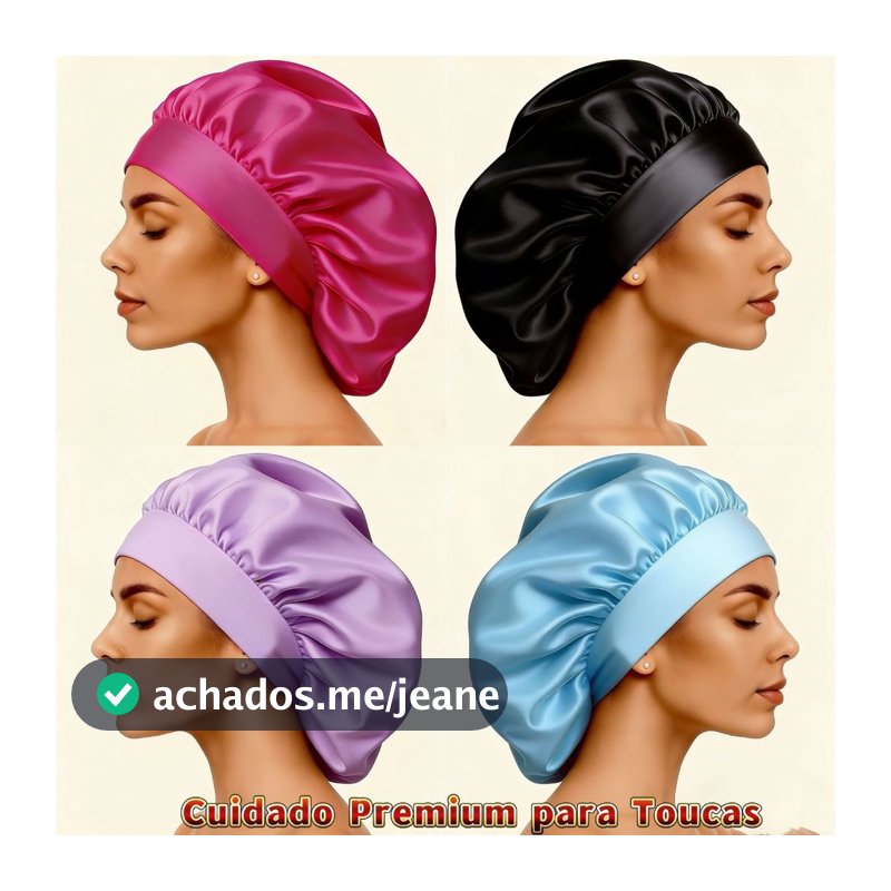Touca/Gorro de Dormir de Cetim com Aba Faixa Larga Gigante Cabelo Anti Frizz Toca Head