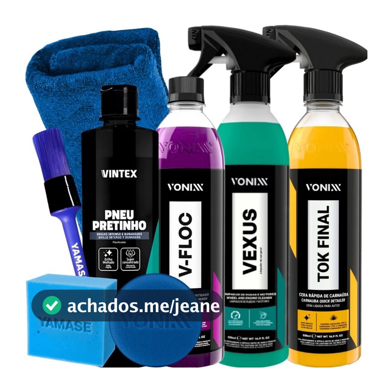 Kit Limpeza Automotiva Shampoo V-Floc Cera de Carnaúba Tok Final Vexus Limpeza Motor Rodas Pneu Pretinho Vintex 500ml