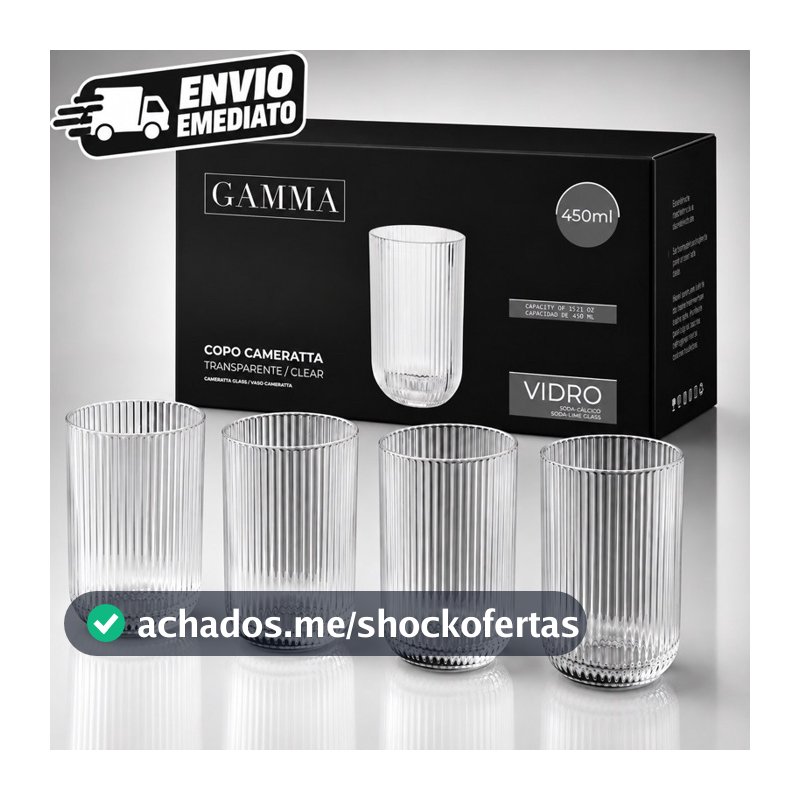 Jogo 4 Copos Canelados Cameratta 450ml de Vidro Transparente e Resistente