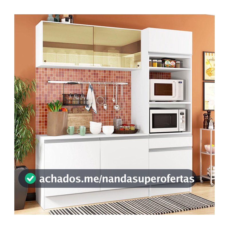 Cozinha Compacta Madesa Diamante Pop com Armário, Balcão e Tampo Branco
