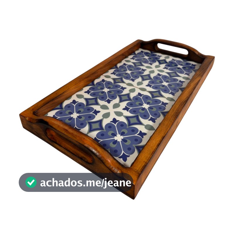 Bandeja De Servir Retangular Alça De Madeira Maciça Azulejo Rústico Decorativo