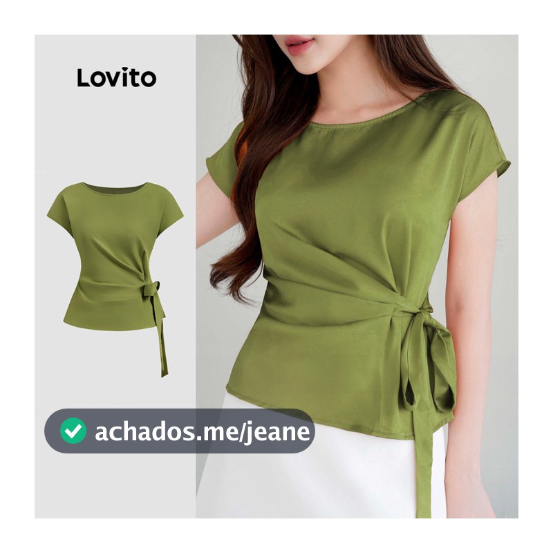 Lovito Elegante Blusa com Amarração e Pregas Primavera/verão Verde para Mulheres Bordado L178ED1194