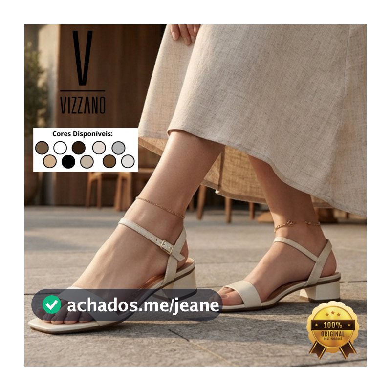 Sandália Vizzano Feminina Salto Bloco Baixo Grosso Conforto Bico Quadrado com Fivela Original