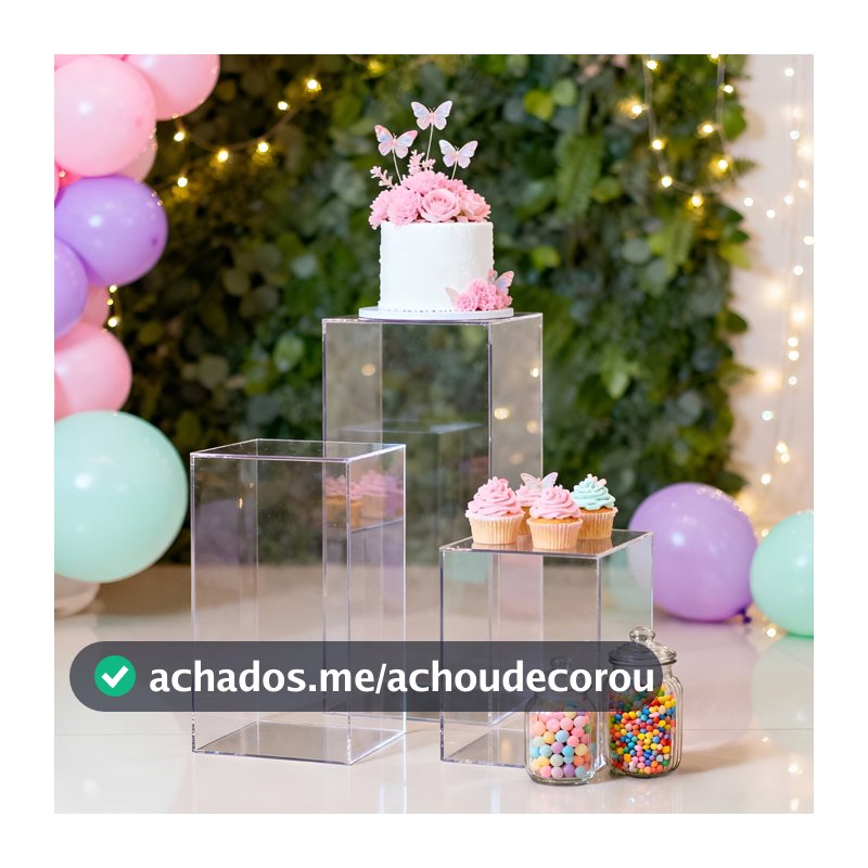 Trio de Cubo Transparente Acrílico Cristal 80/60/40 Cm Com Caixa de MDF para transporte- Kit Mesa Decoração para Festas