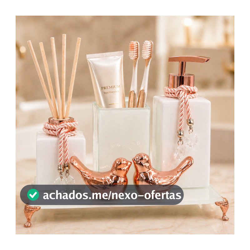 Kit Lavabo Luxo Vidro Square Branco Degrade com Porta Escova Pássaros Bandeja Saboneteira e Aromatizador