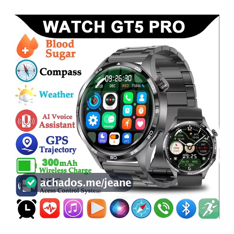 2026 GT5 Pro GPS NFC Relógio Inteligente Masculino HD Tela AMOLED Freqüência Cardíaca