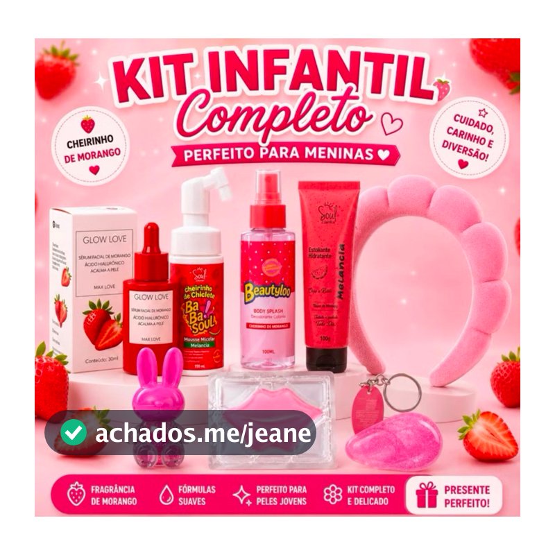 Kit Skincare Infantil Presente Menina 7 Itens Melancia Água Micelar + Sérum + Esfoliante + Tiara + Máscara Labial
