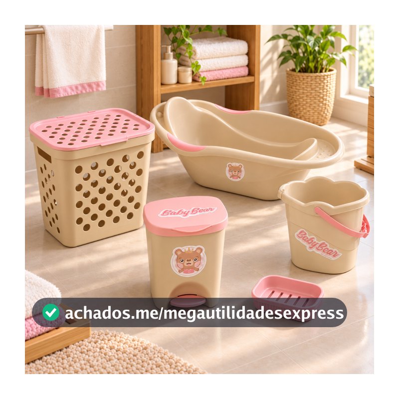 Kit Higiene Banho Bebê Menina 5 Peças Banheira 20L Cesto 30L Balde 8L Lixeira 7,5L Saboneteira