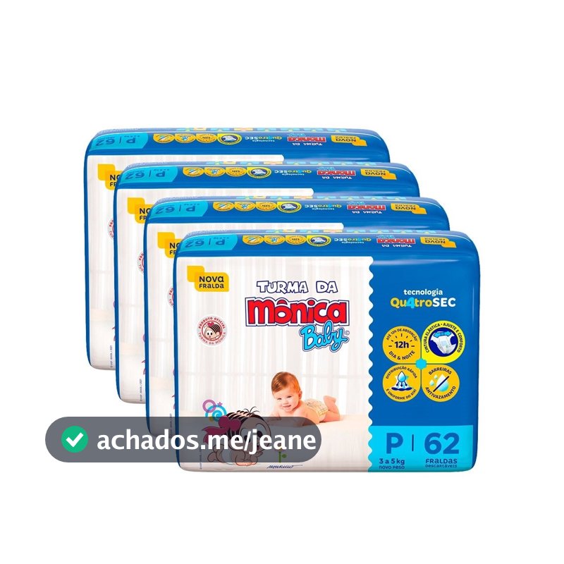 Fralda Descartável Turma da Mônica Tamanho P - 4 Pacotes com 62 Fraldas - Total 248 Tiras