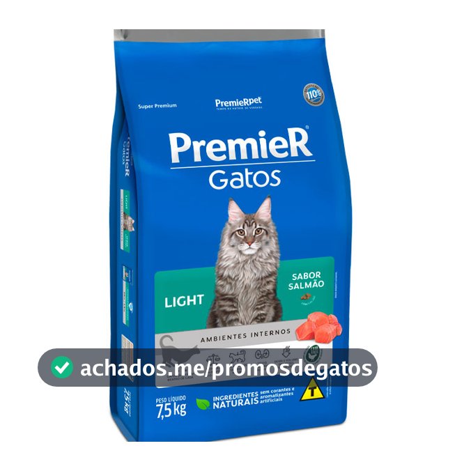 Ração Premier Ambientes Internos Light para Gatos Adultos Sabor Salmão 7,5Kg