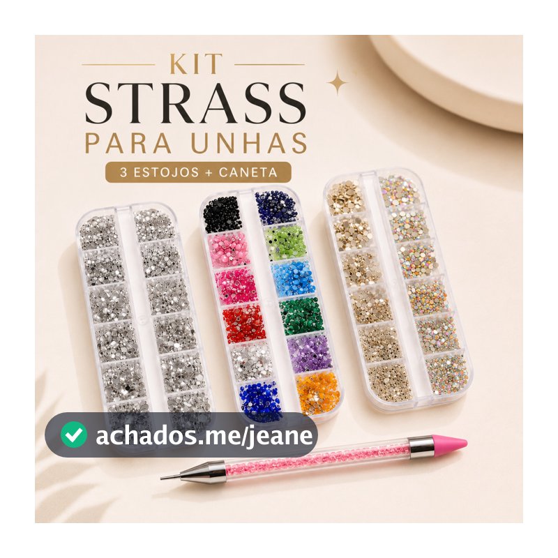 Kit Strass Para Unhas Com Caneta Aplicadora Pedrarias Nail Art Gel Fibra Acrigel Decoração