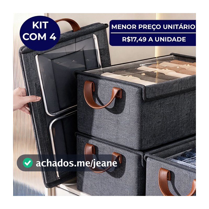 Kit até 4 Caixa Organizadora Grande Tampa Transparente Para Armário Guarda Roupa Dobrável Resistente Multiuso Roupas 28L