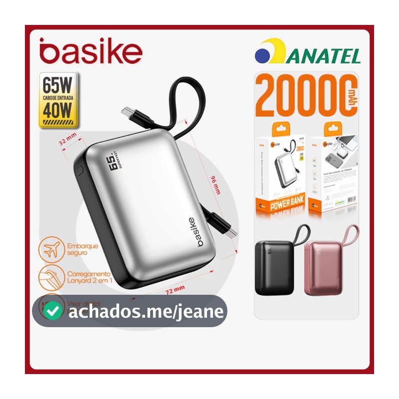 Basike Power Bank Turbo 20000mAh 65W TurboCharge，Carregador Portátil Rápido com Cabo Incluso e Display Digital，b203b