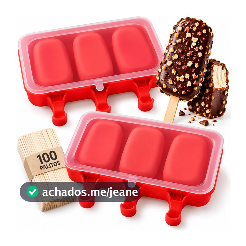 Kit 2 Forma Molde Para Sorvete Picolé Silicone C/ Tampa mais 100 Palitos 6 Sorvete