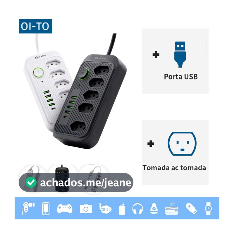 Extensão Elétrica 2m Com 6 Tomadas e 3 Entradas USB com Botão Power Socket 2500W 10A 110v 250v 4 Tomada Filtros de Linha