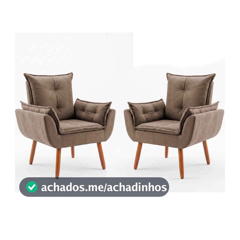 Kit com 2 Poltronas Decorativa Opala Pés Palito Premium, Reforçada, Cozinha, Quarto Suede Capuccino