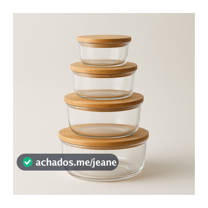 Kit 4 Pote Hermetico De Vidro Tampa De Bambu Tigela Marmita Salada Jogo De Potes De Mantimentos