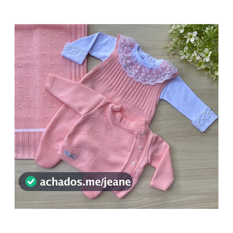 Saída de maternidade de menina rosa em tricot 4 peças body com renda e pérolas