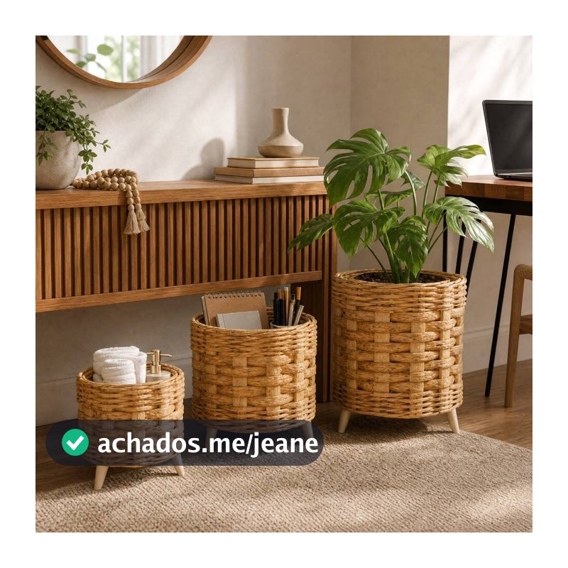 Trio Cachepô Decoração Vaso Redondo Artesanal Com Pezinho Fibra Sintética Trançada Madeira Rústica