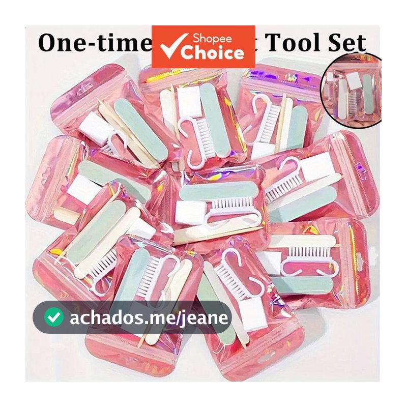 Kit de ferramentas descartáveis para unhas tamanho mini curto, com lima, buffer, bastão de polimento e escova de cerdas