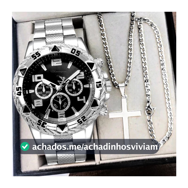 Kit Relógio Masculino Aço Inox Resistente a Água Com Corrente Cruz e Pulseira Presente Dia Dos Pais
