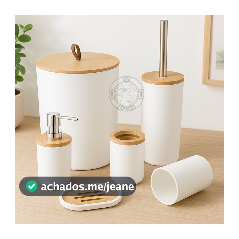 Kit Banheiro Conjunto Acessórios Higiene Lixeira Lavabo 6 Luxo Peças Tampa Bambu Escova Sanitária