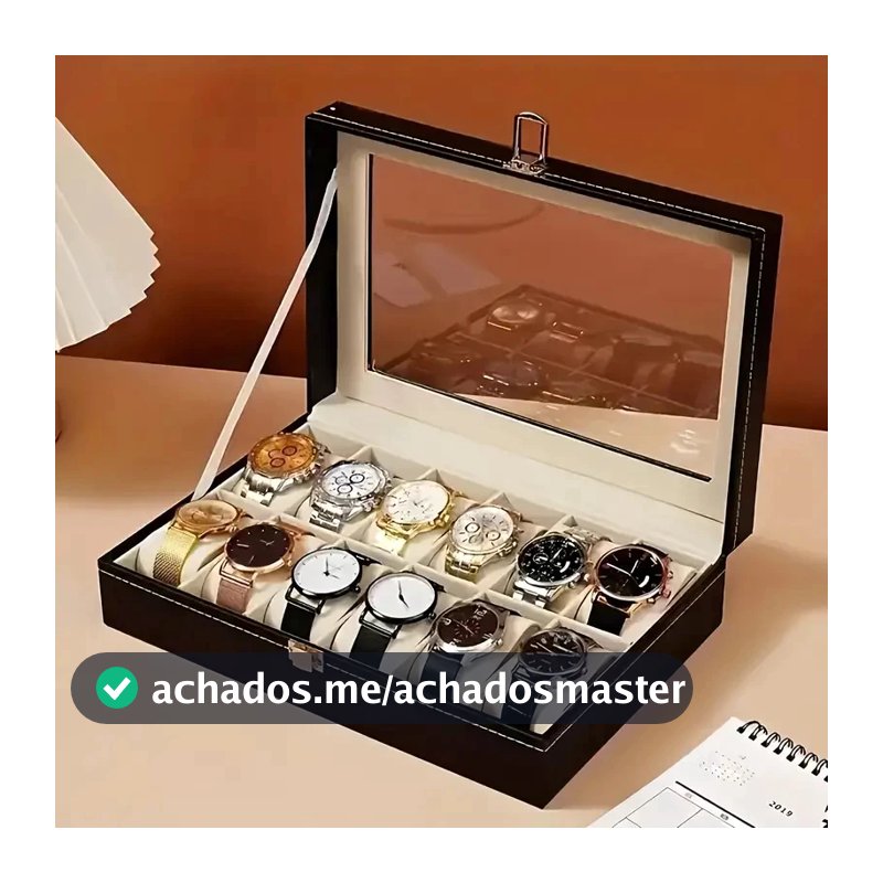 Estojo Porta Relógio 12 Nichos Couro Sintetico Organizador de Joias e Bijuterias