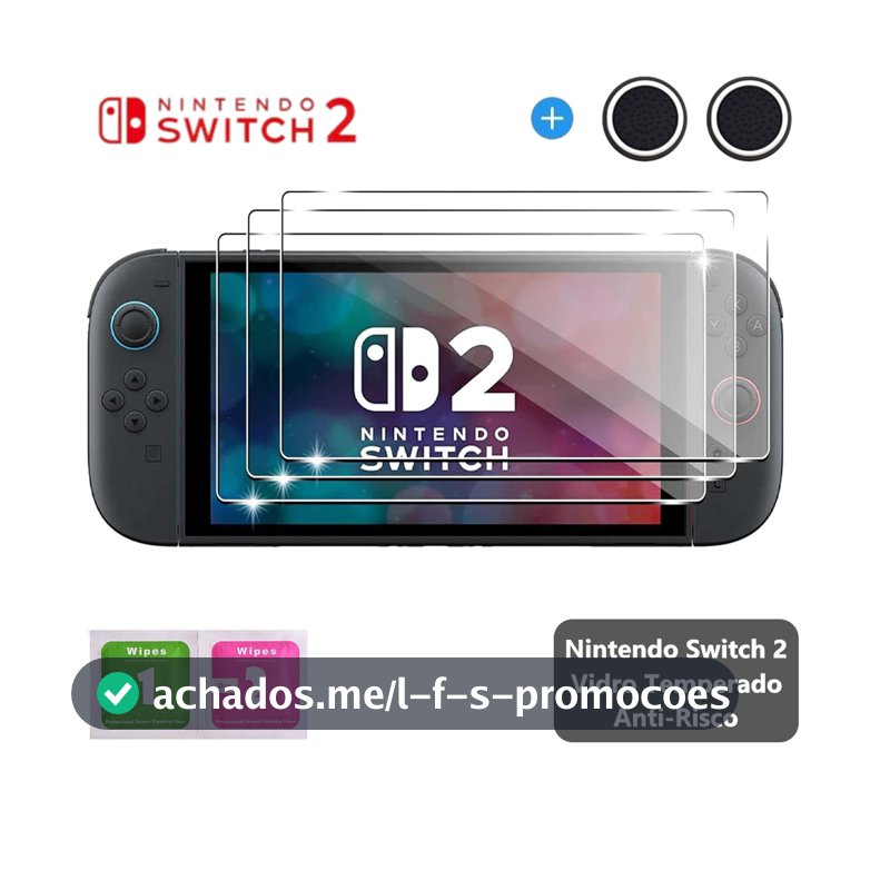 Película de Vidro  Nintendo Switch 2 + 1 Par Grip Aleatório Tela Protetora Película Anti-arranhões, Alta Resistência