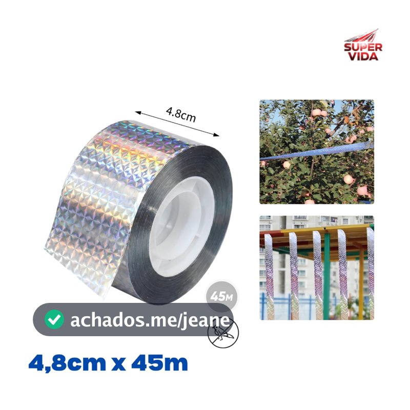 Fita Espanta Pássaros Holográfica 4,8cm x 45m Anti Pássaros Refletiva Decoração Artesanato
