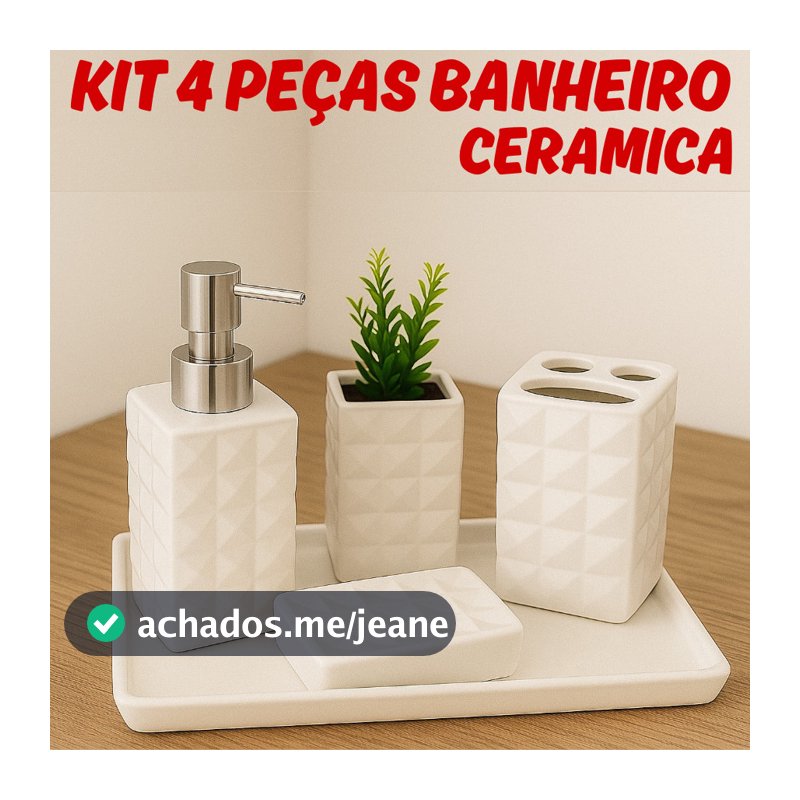 Kit Banheiro 4 Peças Saboneteira Ceramica Porta Sabonete Líquido Textura Diamante Porta Escova Dente