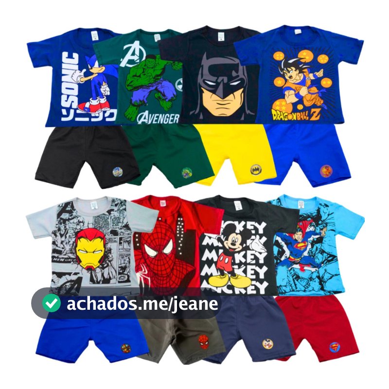 Kit 6 Peças Roupa Infantil Menino (3 Camisetas + 3 Bermudas) Conjunto Heróis Personagens Verão