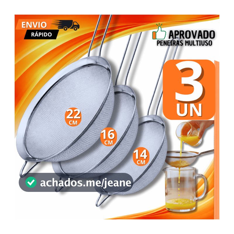 Kit 03 unidades Peneira Coador Manual Em Aço Inox Para Cozinha 14CM  16CM 22CM Premium Utilidades