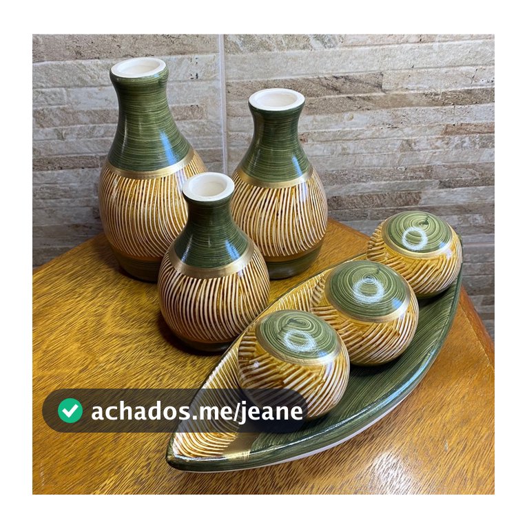 Kit Decorativo Cerâmica Trio de Vasos e Barca com 3 Bolas Enfeite Sala Centro de Mesa - Bojudinha