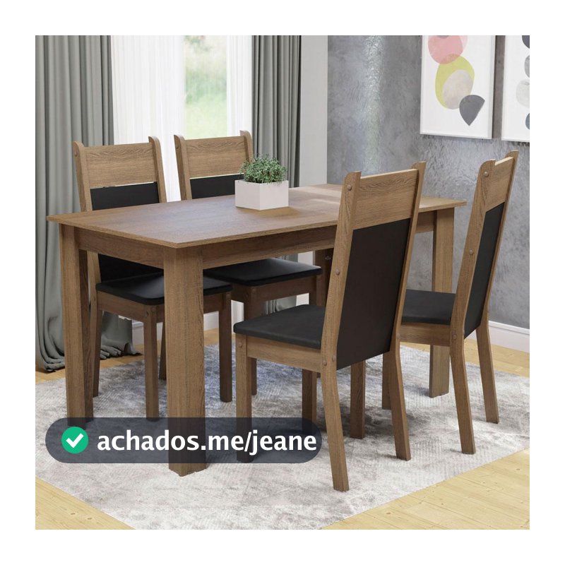 Conjunto Sala de Jantar Madesa Cali Mesa Tampo de Madeira com 4 Cadeiras - Rustic/Preto/SintPreto